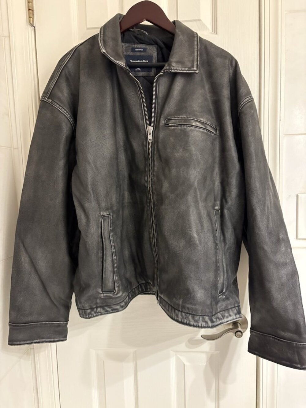 Abercrombie and Fitch Cropped Washed Gray Leather Coat - XXL